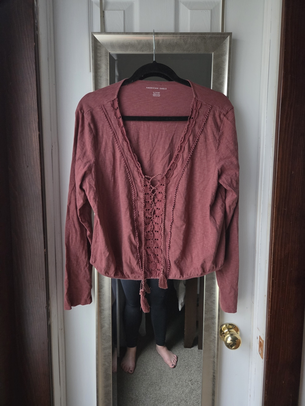 American Eagle Outfitters Dusty Rose Crochet-Front Long Sleeve Tunic